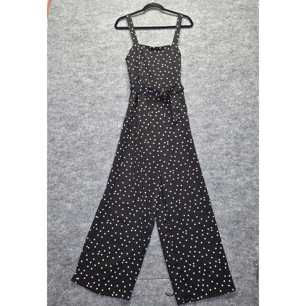 Row A Jumpsuit Womens XL Black White Polka Dot Wide Leg Belted Sleeveless Crepe